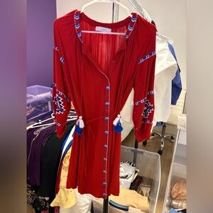 LOFT Red and Blue Embroidered Long Sleeve Dress